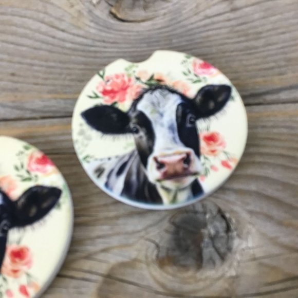 Floral Holstein Cow Car Coasters, Set of 2 - Picture 4 of 7